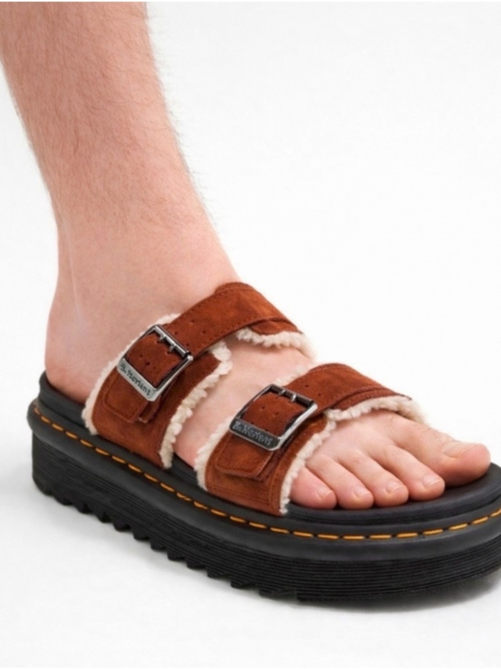 Dr. Martens mens 10 ladies 11 Brown Shearling-Lined Double Buckle Slide Sandals